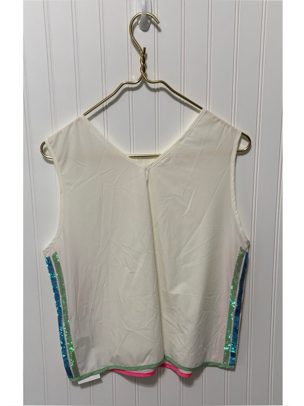 QUEEN OF SPARKLES Rainbow Sequin Stripe Active Tank Top Shirt Size Large NEW